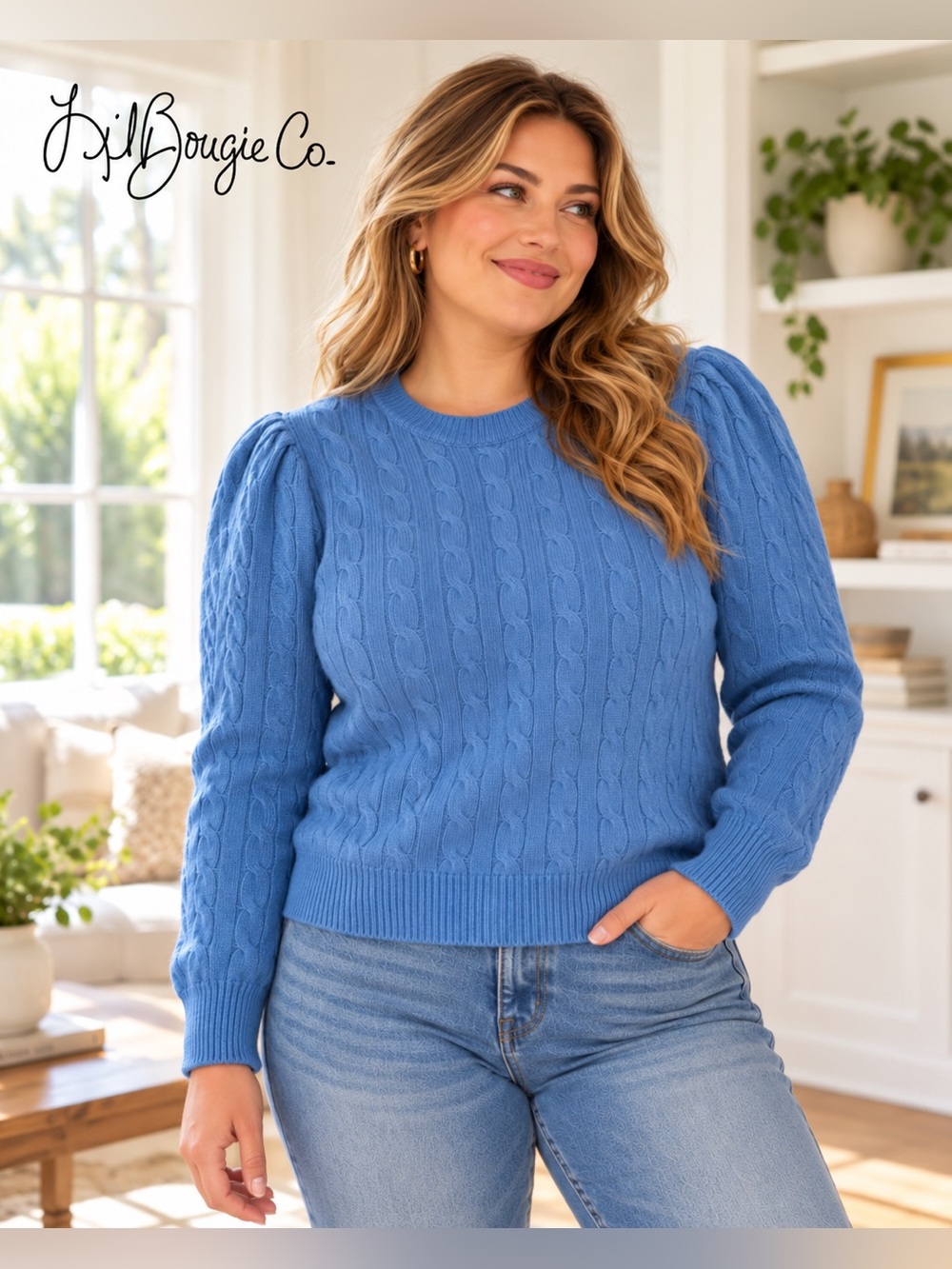 Ann Taylor Blue Cable Knit Puff Sleeve Sweater